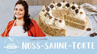 NussSahneTorte Rezept  NussBiskuit mit Sahnefüllung  Einfach Backen [upl. by Ynnij]