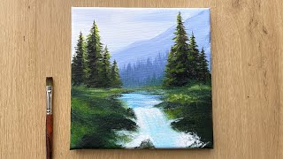 Acrylic Painting for Beginners  Forest Trees Mountain Landscape Painting [upl. by Cchaddie]