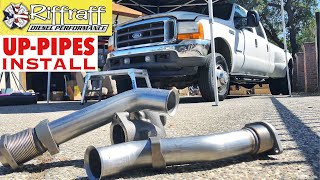 2001 F350 73  RiffRaff UpPipes Install  Stock up pipes leaking and falling apart JUNK SP [upl. by Eyatnod779]