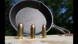 9mm vs 40 Cal vs 45 ACP  Cast Iron Skillets [upl. by Gualtiero903]