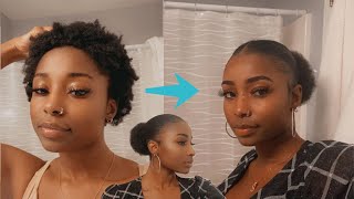 HOW TO SLICK BACK AFRO PUFF ON SHORT 4C NATURAL HAIR  NATURAL HAIRSTYLES [upl. by Jordain]